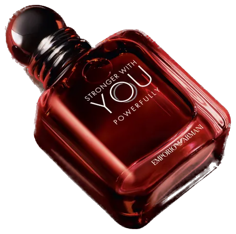 Frasco real de Giorgio Armani Stronger With You Powerfully, acostado en diagonal, sin fondo