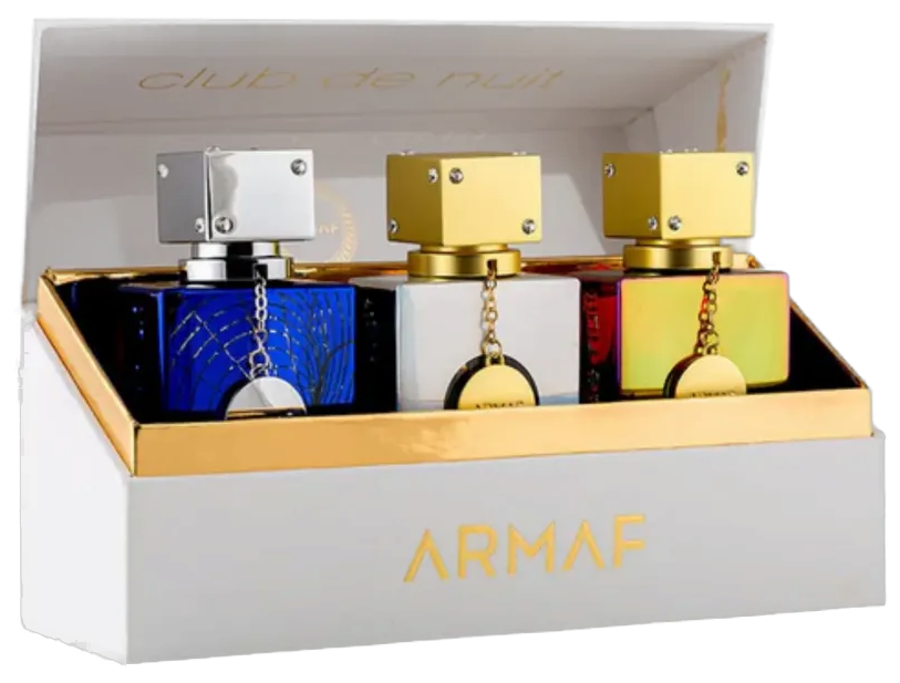 Set real de Armaf Club de Nuit Trio con sus tres mini frascos, sin fondo