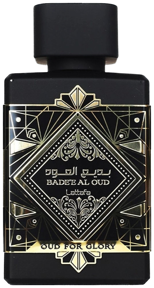 Frasco real de Lattafa Badee Al Oud For Glory EDP, sin fondo