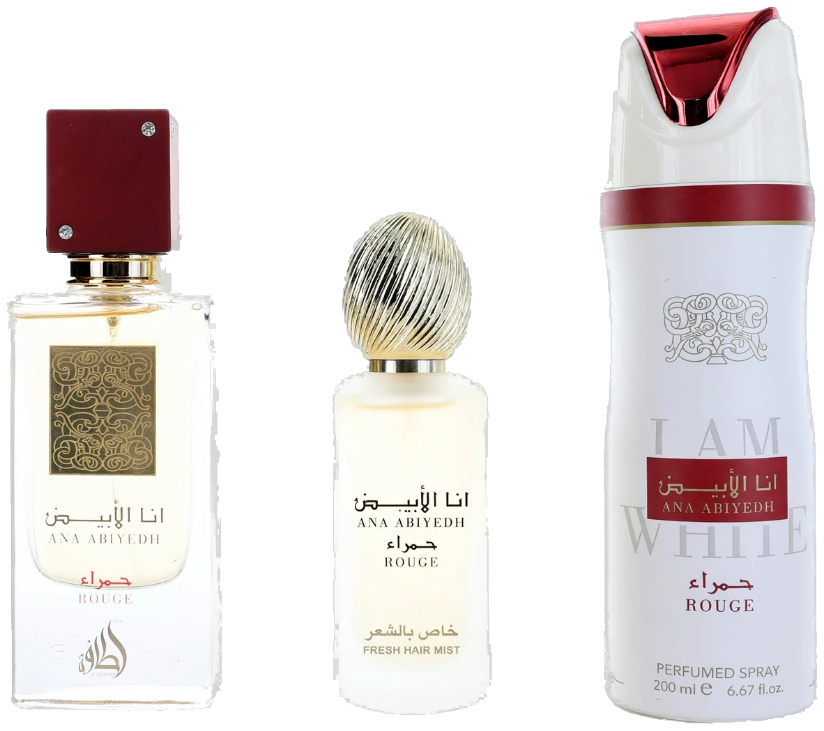Frasco real de Lattafa Ana Abiyedh Rouge EDP + Body, sin fondo