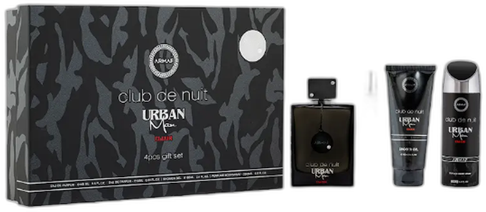 Set real de Armaf Club de Nuit Urban Man Elixir con su caja y sus piezas, sin fondo