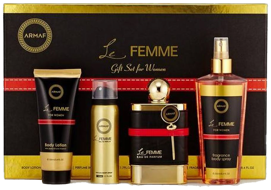 Frasco real de Armaf Le Femme EDT + bl+ deo+ splash, sin fondo