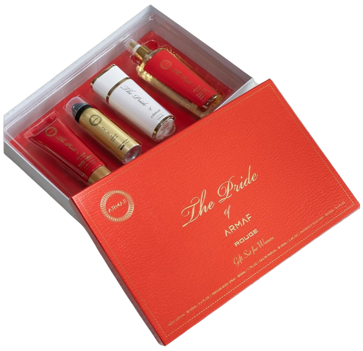 Frasco real de Armaf Pride Rouge EDT + bl+ deo+ splash, sin fondo