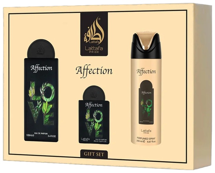 Frasco real de Lattafa Pride Affection + EDP + Body, sin fondo