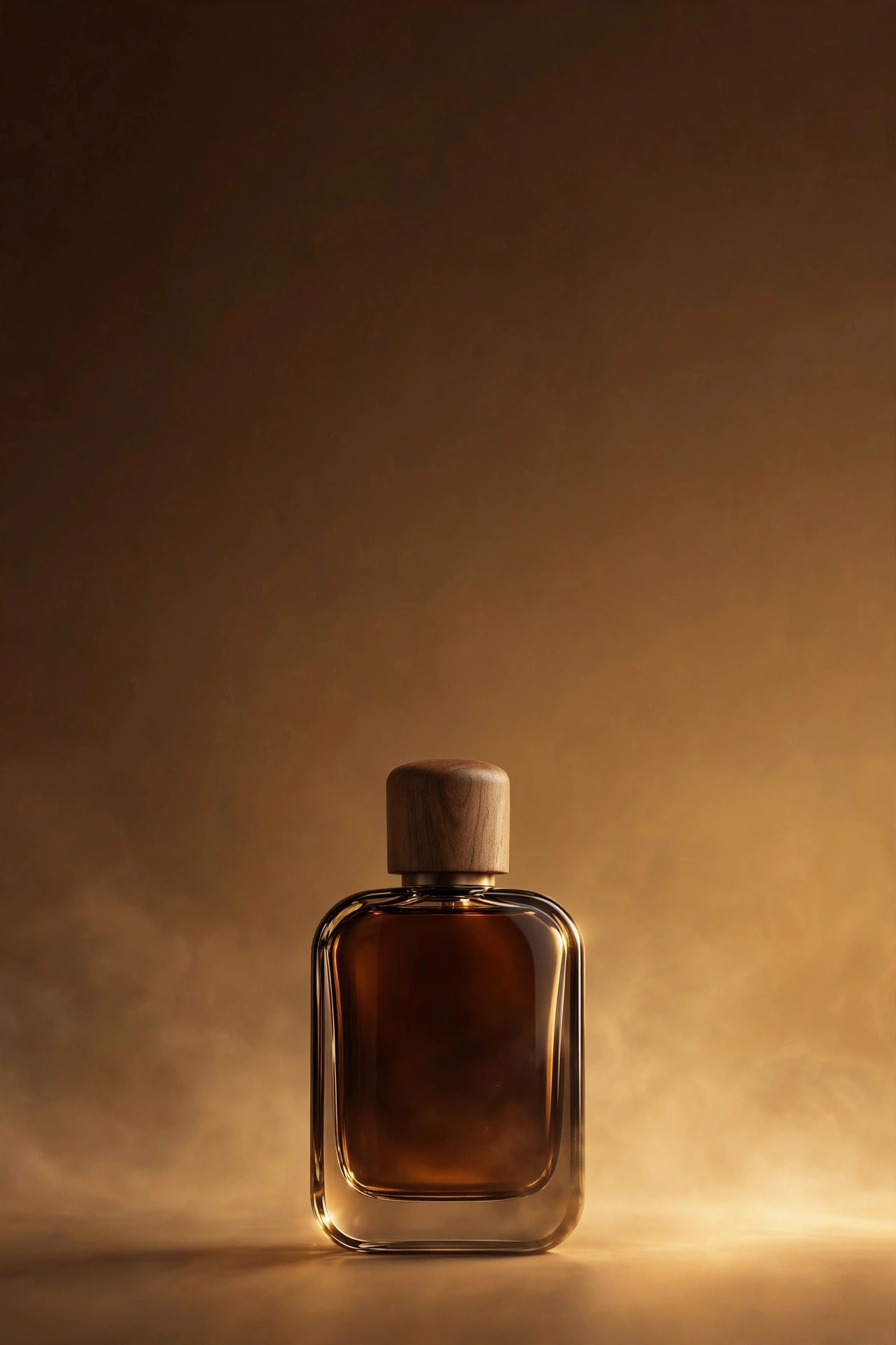 Póster de la familia Intenso: frasco de perfume ámbar sobre fondo cálido amaderado