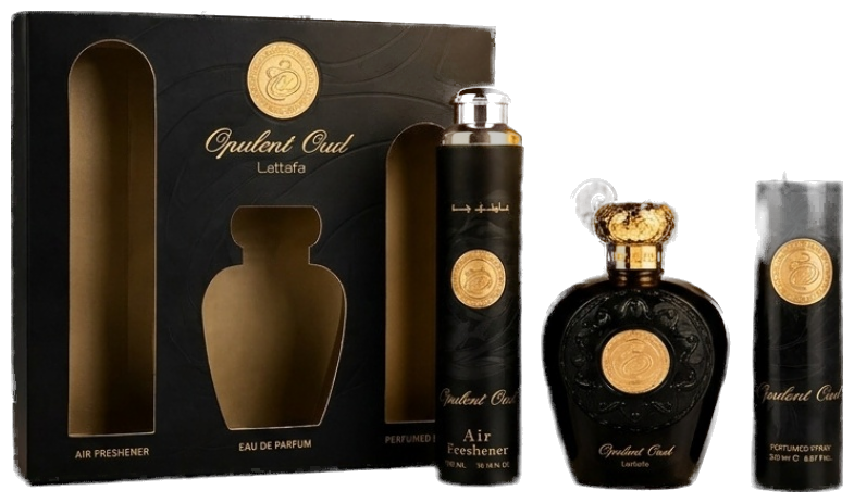 Frasco real de Lattafa Opulent Oud EDP + Air Freshener+ Body, sin fondo