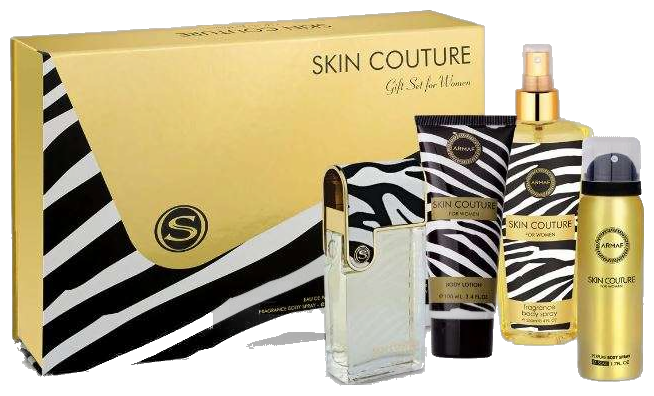 Frasco real de Armaf Skin Couture EDT + bl+ deo+ splash, sin fondo