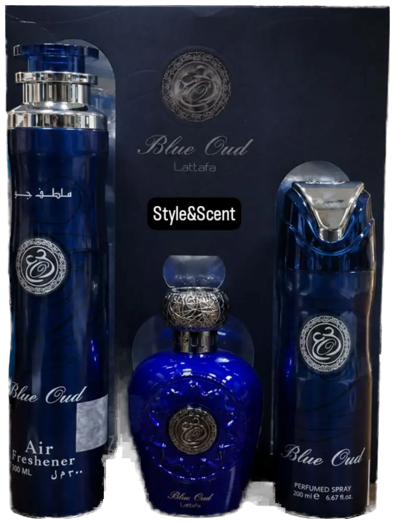 Frasco real de Lattafa Blue Oud EDP + Air Freshener+ Body, sin fondo