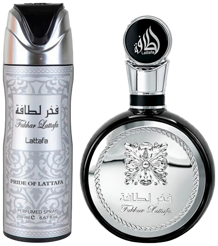Frasco real de Lattafa Fakhar EDP + Body, sin fondo