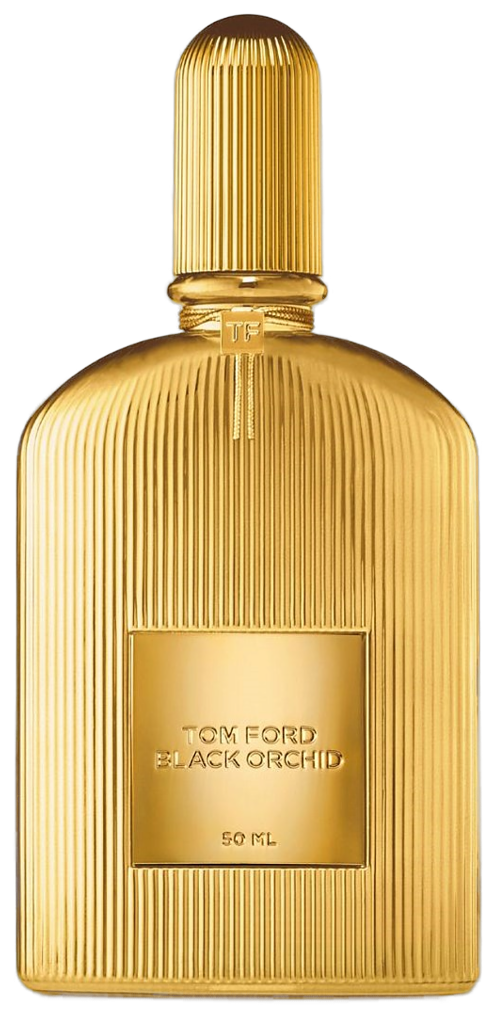 Frasco real dorado de Tom Ford Black Orchid Parfum, sin fondo