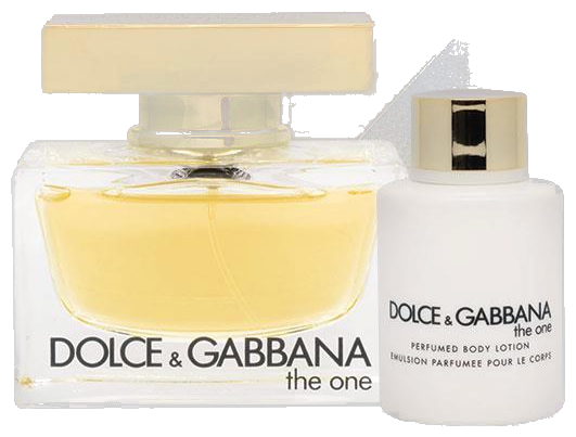 Frasco real de D&G The One EDP + Body Lotion, sin fondo
