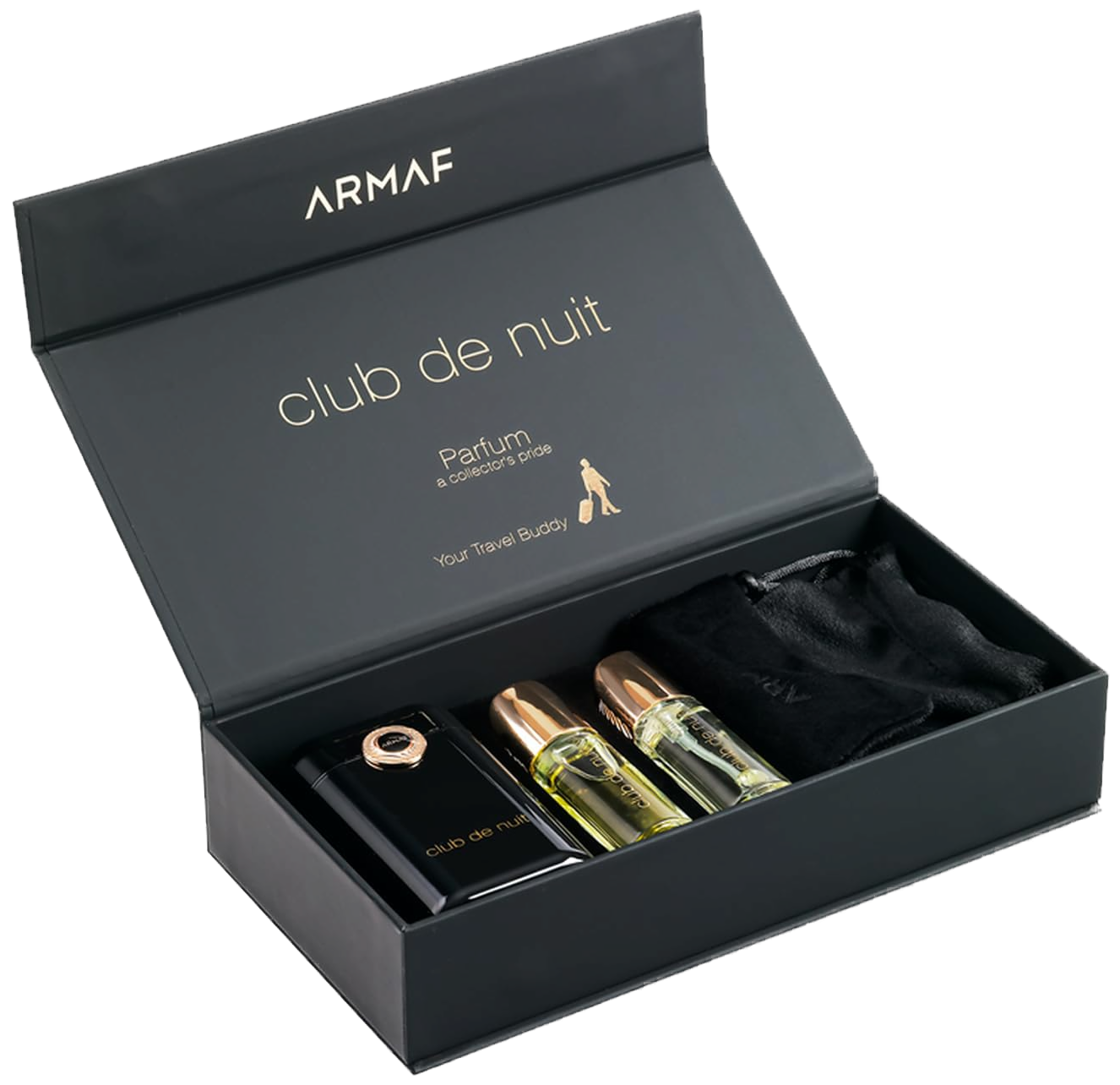 Frasco real de Armaf Cdn Club De Nuit Parfum Travel Buddy Set E EDP + Oil/luxury Case & Pouch, sin fondo