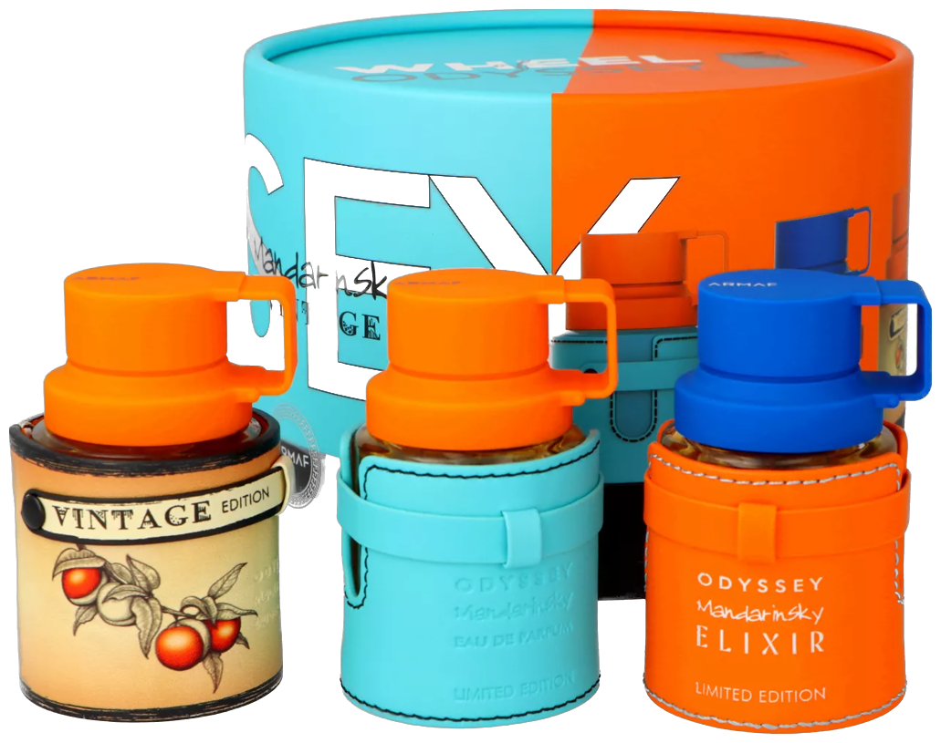 Frasco real de Armaf Odyssey Wheel Mandarin Sky+mandarin Elixir+mandarin Vintage EDP X 3 Sprays, sin fondo
